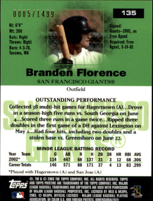 2003 Topps Pristine #135 Branden Florence U back image