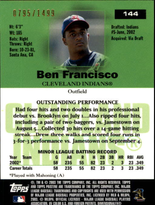 2003 Topps Pristine #144 Ben Francisco U back image