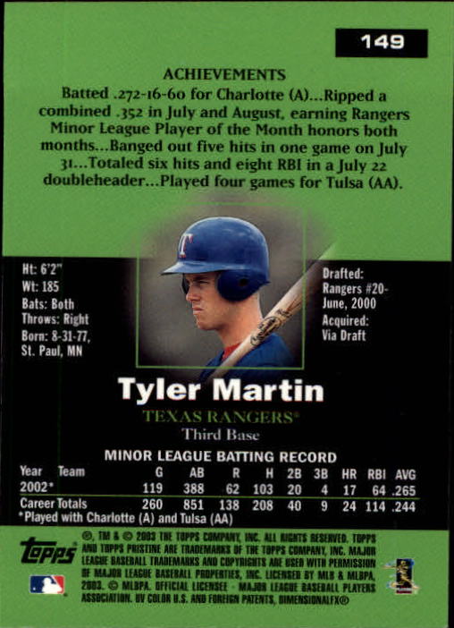 2003 Topps Pristine #149 Tyler Martin C RC back image