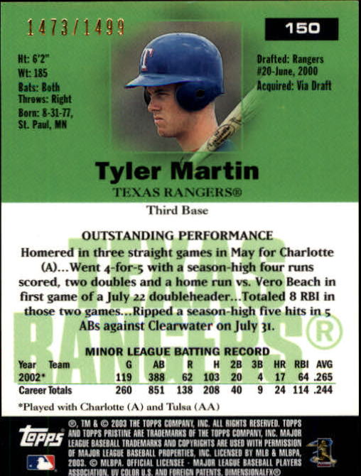 2003 Topps Pristine #150 Tyler Martin U back image