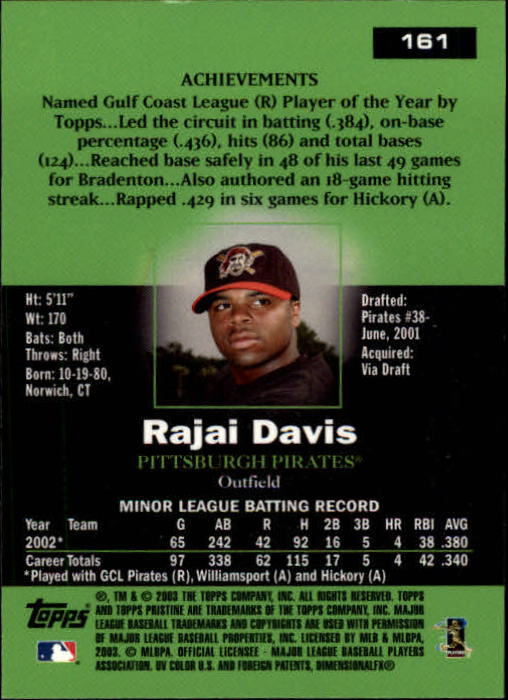 2003 Topps Pristine #161 Rajai Davis C RC back image