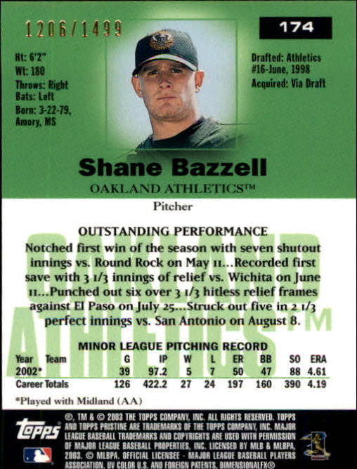 2003 Topps Pristine #174 Shane Bazzell U back image