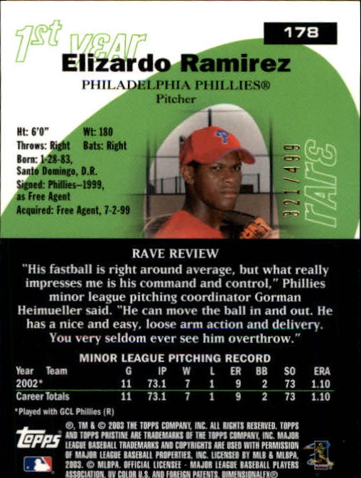 2003 Topps Pristine #178 Elizardo Ramirez R back image