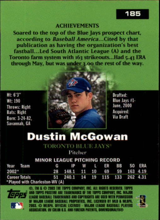 2003 Topps Pristine #185 Dustin McGowan C RC back image
