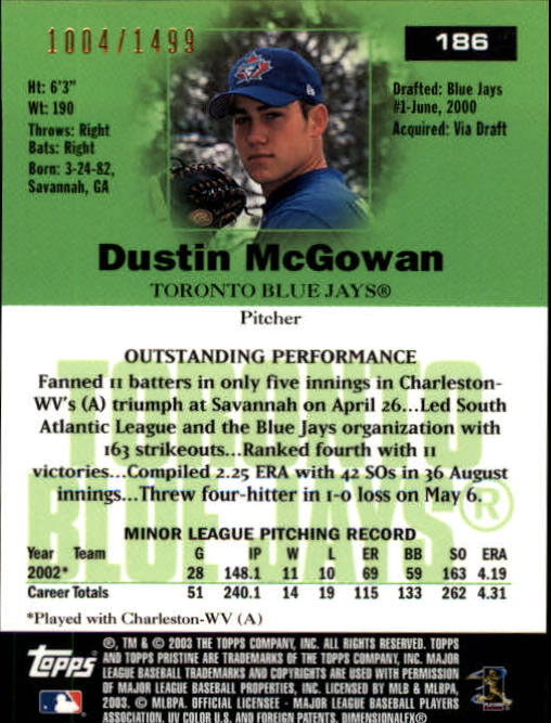 2003 Topps Pristine #186 Dustin McGowan U back image