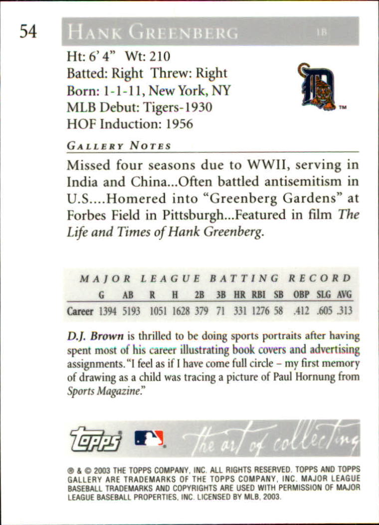 2003 Topps Gallery HOF Artist's Proofs #54 Hank Greenberg w/Player back image