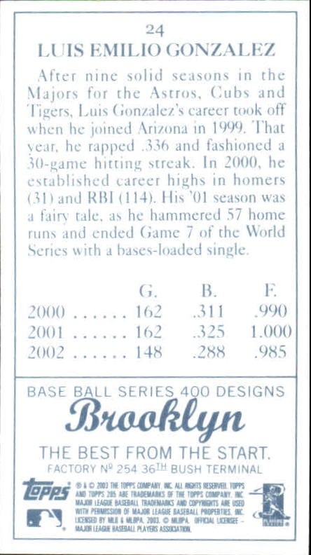 2003 Topps 205 Brooklyn #24 Luis Gonzalez C back image