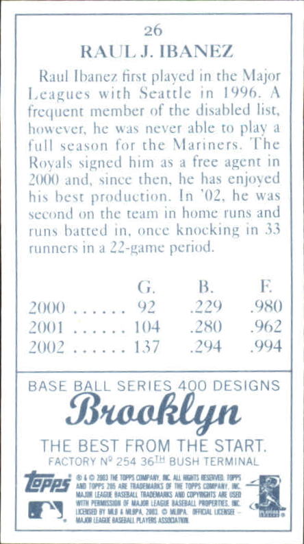 2003 Topps 205 Brooklyn #26 Raul Ibanez C back image