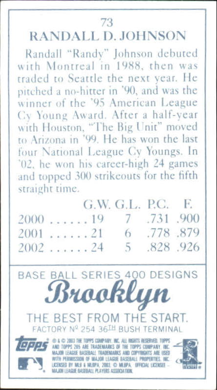 2003 Topps 205 Brooklyn #73 Randy Johnson C back image