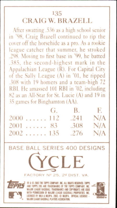 2003 Topps 205 Cycle #135 Craig Brazell FY back image