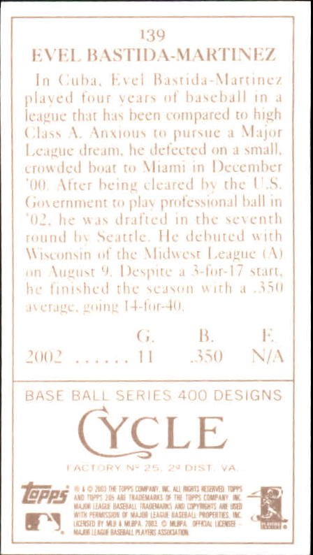 2003 Topps 205 Cycle #139 Evel Bastida-Martinez FY back image