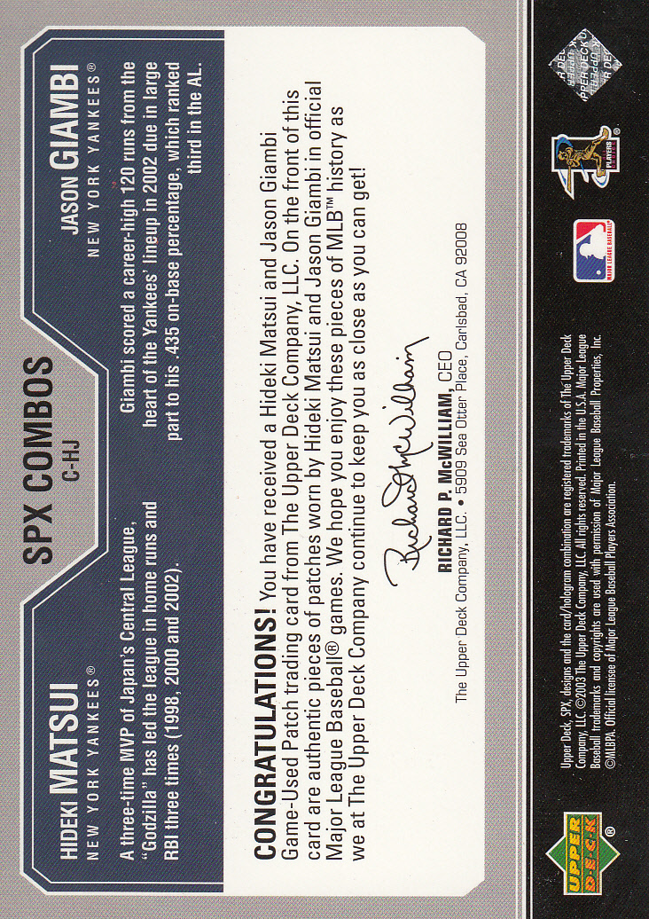 2003 SPx Game Used Combos #HJ H.Matsui/J.Giambi/50
