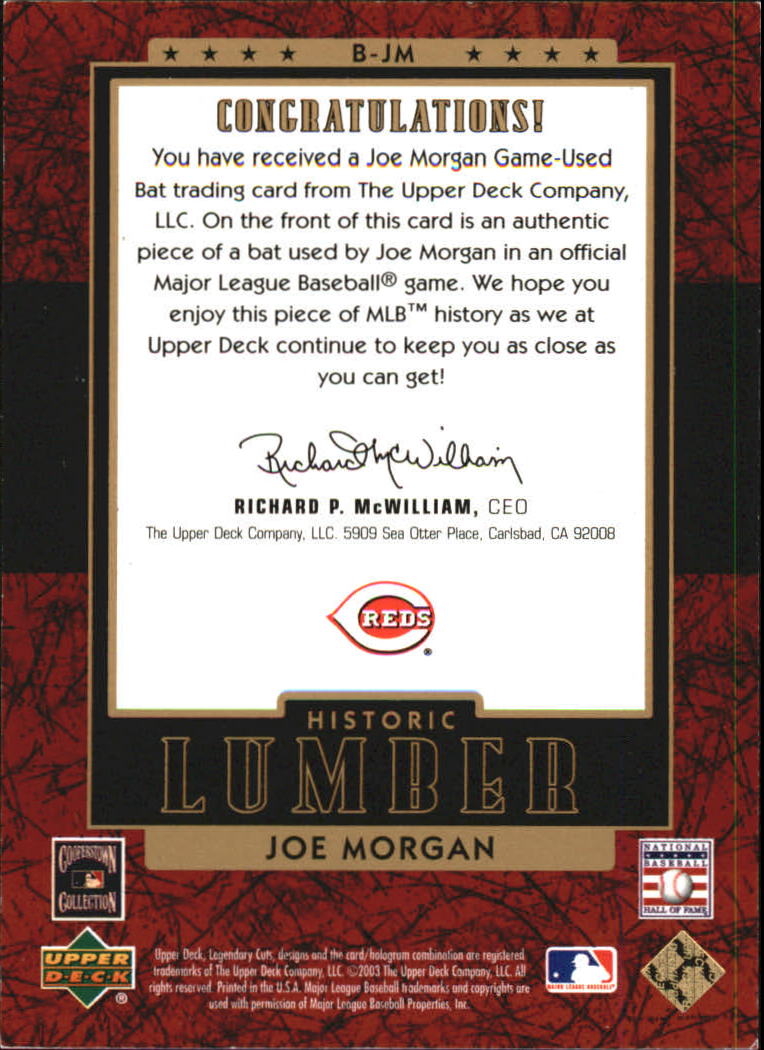 2003 SP Legendary Cuts Historic Lumber #JM Joe Morgan Reds/350 back image