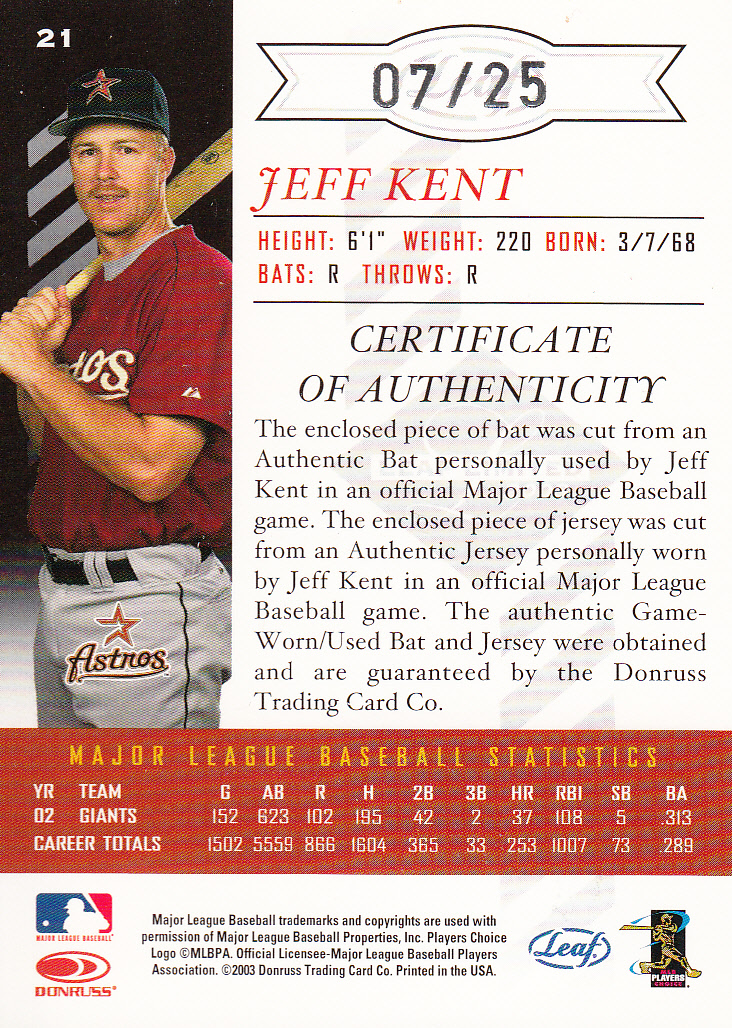 2003 Leaf Limited TNT Prime #21 Jeff Kent Astros Bat-Jsy back image
