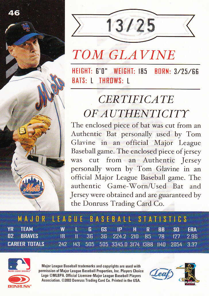 2003 Leaf Limited TNT Prime #46 T.Glavine Mets H Bat-Jsy back image