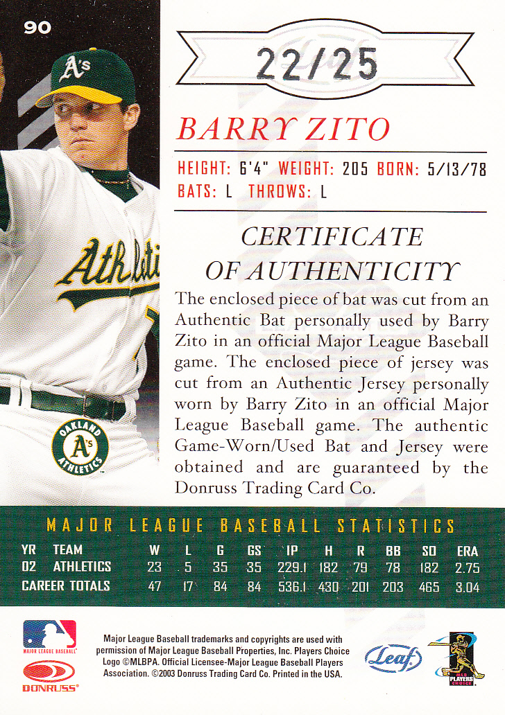 2003 Leaf Limited TNT Prime #90 Barry Zito A Bat-Jsy back image