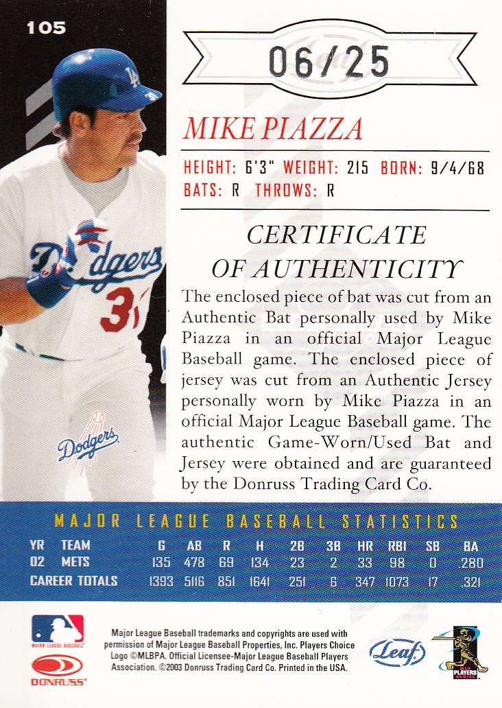2003 Leaf Limited TNT Prime #105 M.Piazza Dodgers Bat-Jsy back image