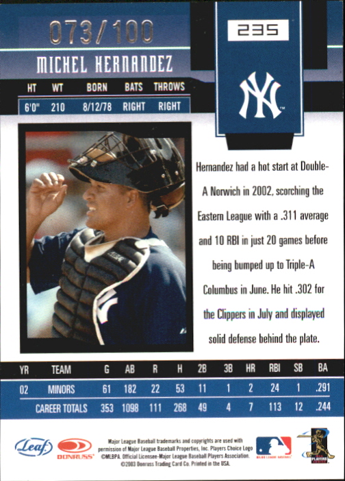 2003 Leaf Certified Materials Mirror Red Autographs #235 Michel Hernandez NG/100
