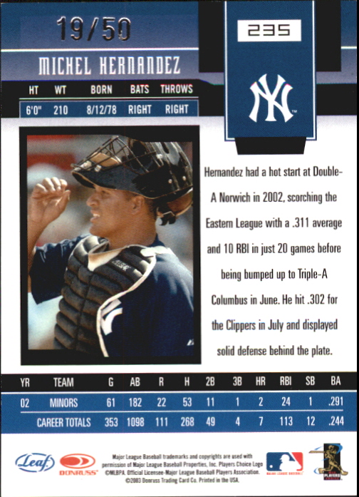 2003 Leaf Certified Materials Mirror Blue Autographs #235 Michel Hernandez NG/50