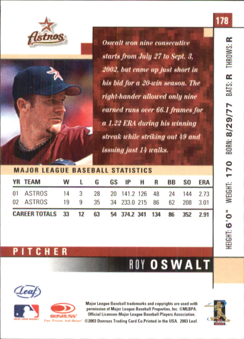 2003 Leaf #178 Roy Oswalt back image