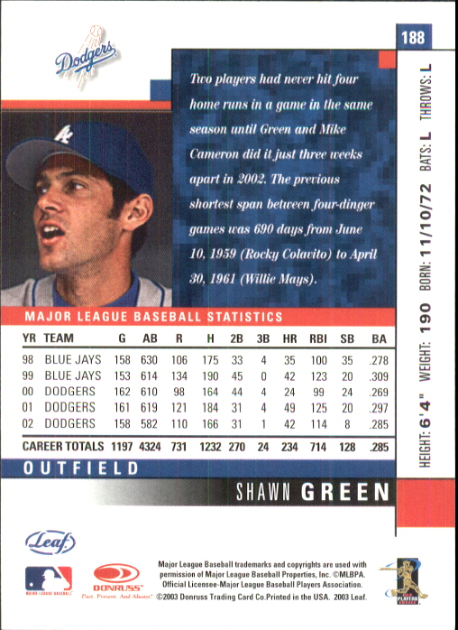 2003 Leaf #188 Shawn Green back image