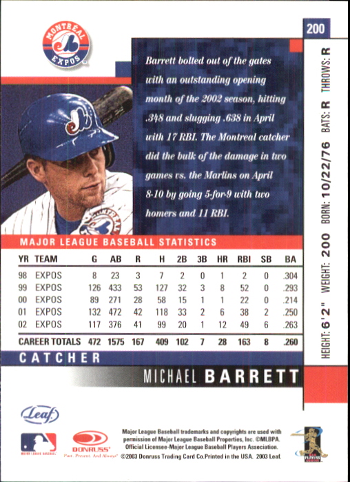 2003 Leaf #200 Michael Barrett back image