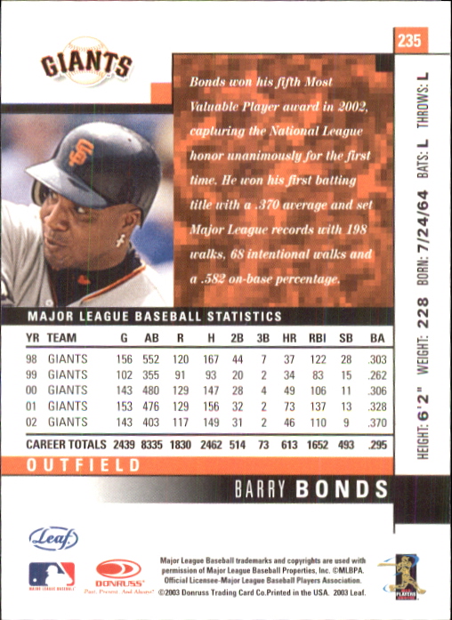 2003 Leaf #235 Barry Bonds back image