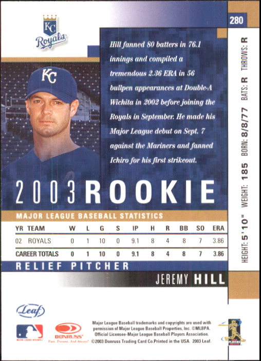 2003 Leaf #280 Jeremy Hill ROO back image