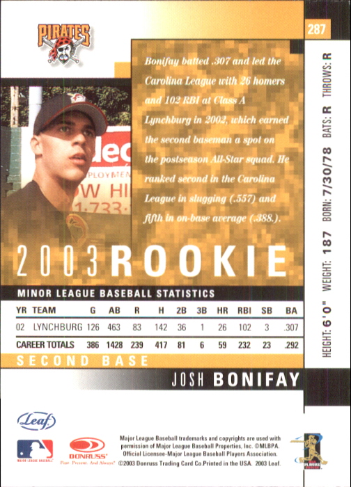 2003 Leaf #287 Josh Bonifay ROO back image