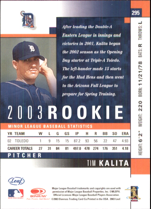 2003 Leaf #295 Tim Kalita ROO back image