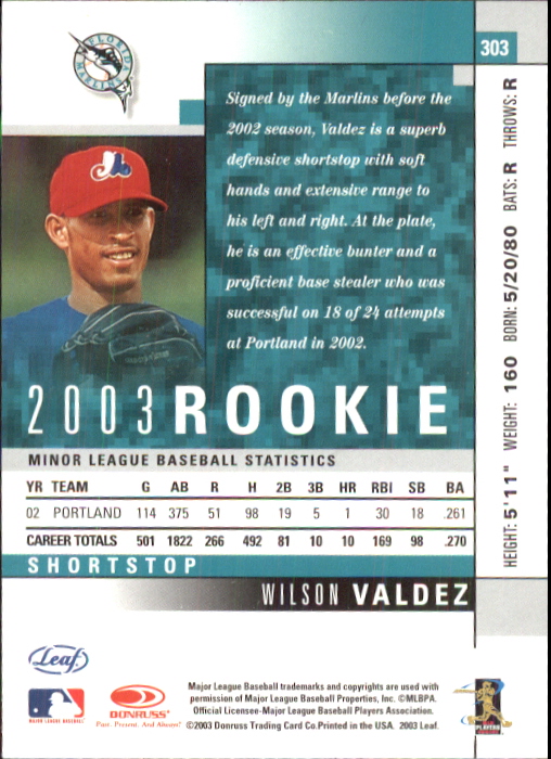 2003 Leaf #303 Wilson Valdez ROO back image