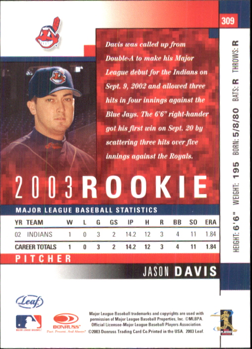 2003 Leaf #309 Jason Davis ROO back image