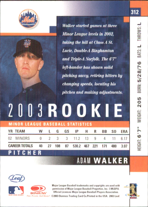 2003 Leaf #312 Adam Walker ROO back image