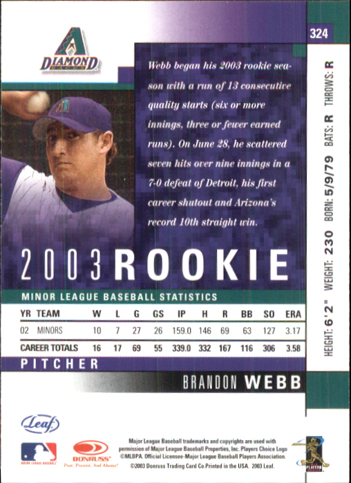 2003 Leaf #324 Brandon Webb ROO RC back image