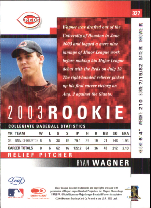 2003 Leaf #327 Ryan Wagner ROO RC back image