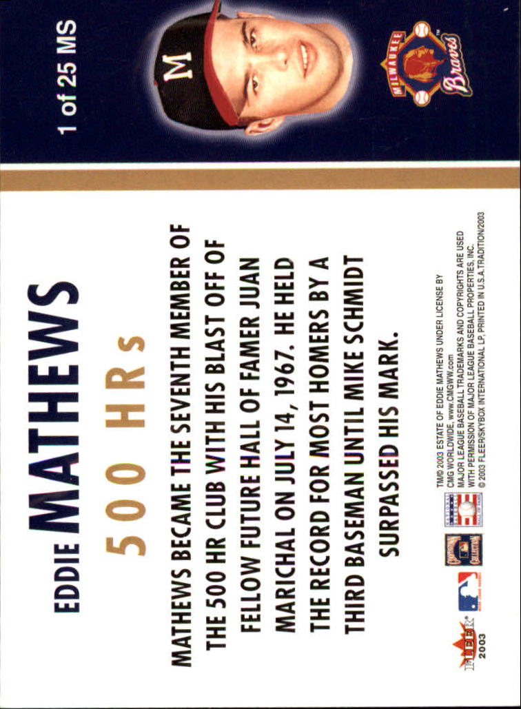 2003 Fleer Tradition Milestones #1 Eddie Mathews back image