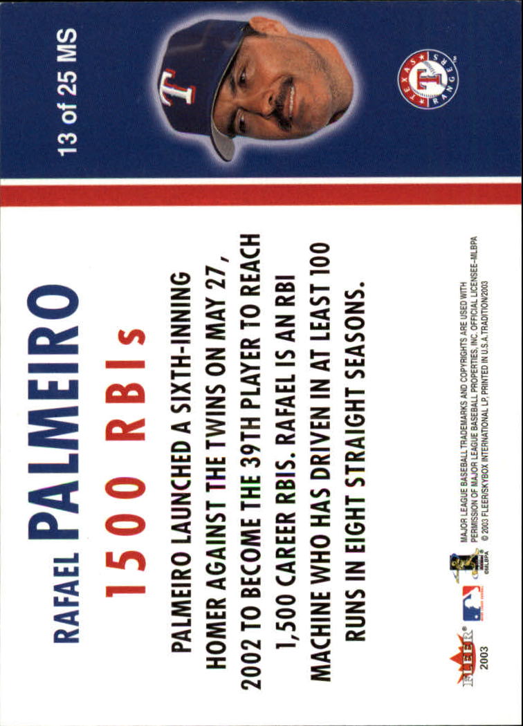 2003 Fleer Tradition Milestones #13 Rafael Palmeiro back image