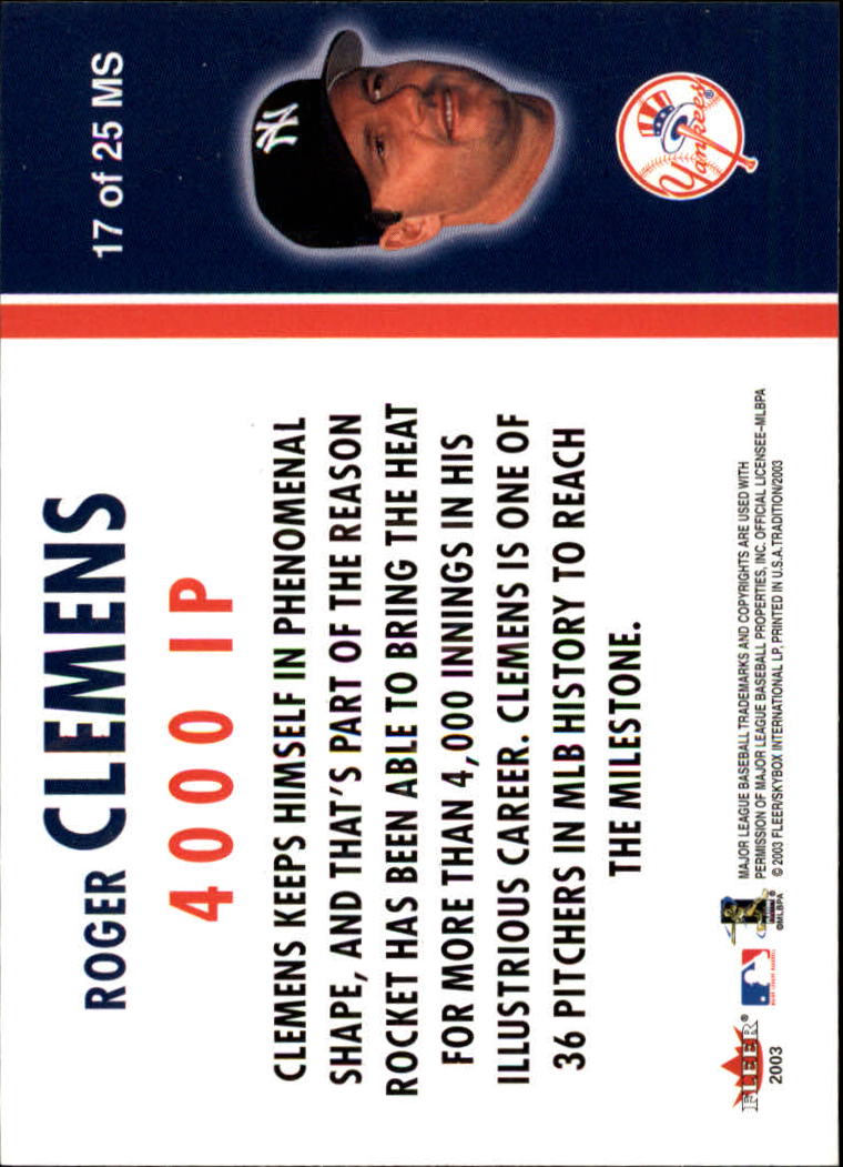 2003 Fleer Tradition Milestones #17 Roger Clemens back image