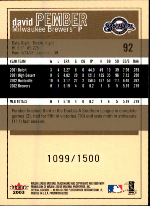 2003 Fleer Patchworks Baseball "Main Set" Cards - Picture 171 of 189