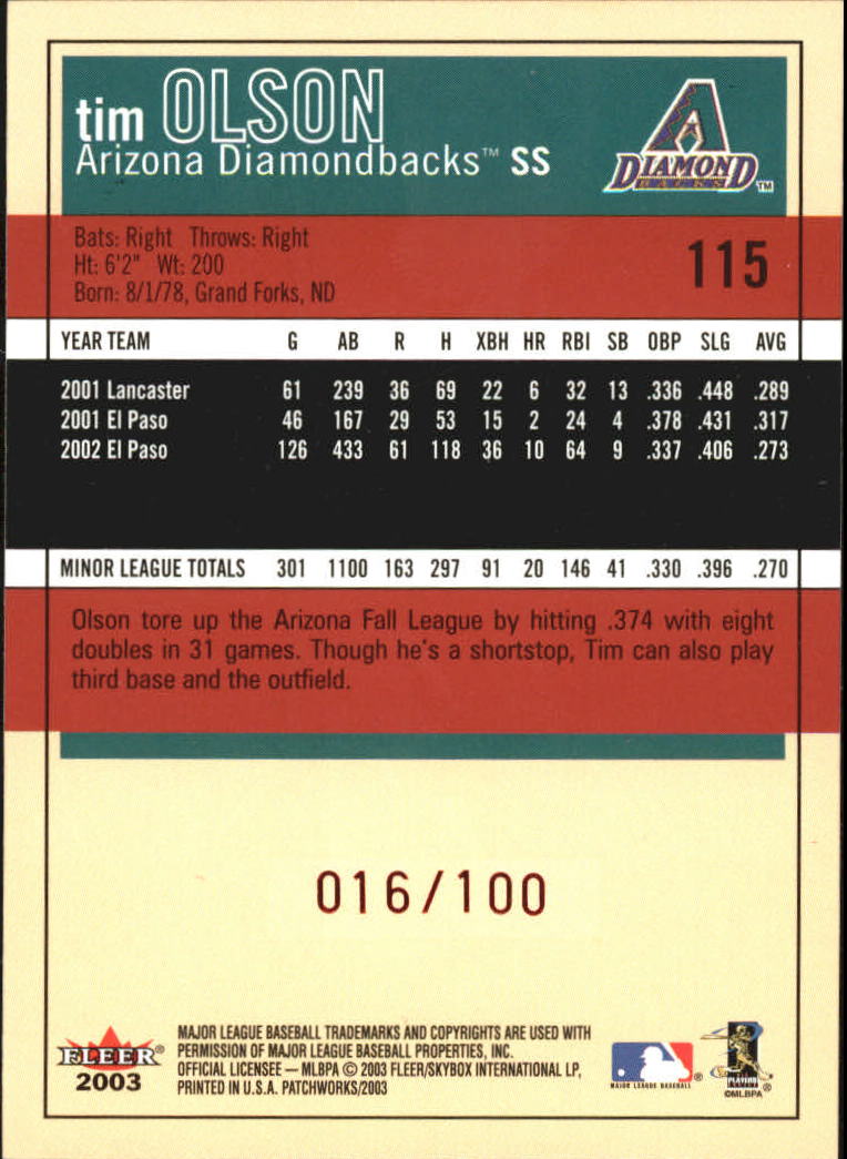 2003 Fleer Patchworks Star Ruby #115 Tim Olson RR back image