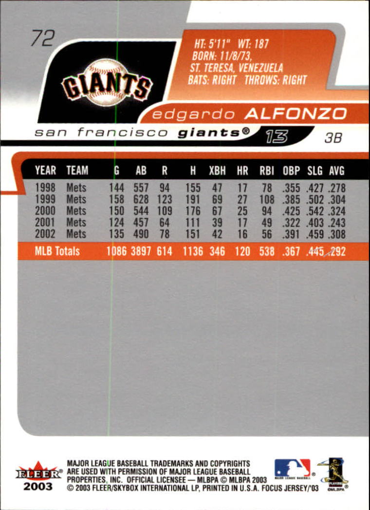 2003 Fleer Focus JE #72 Edgardo Alfonzo back image