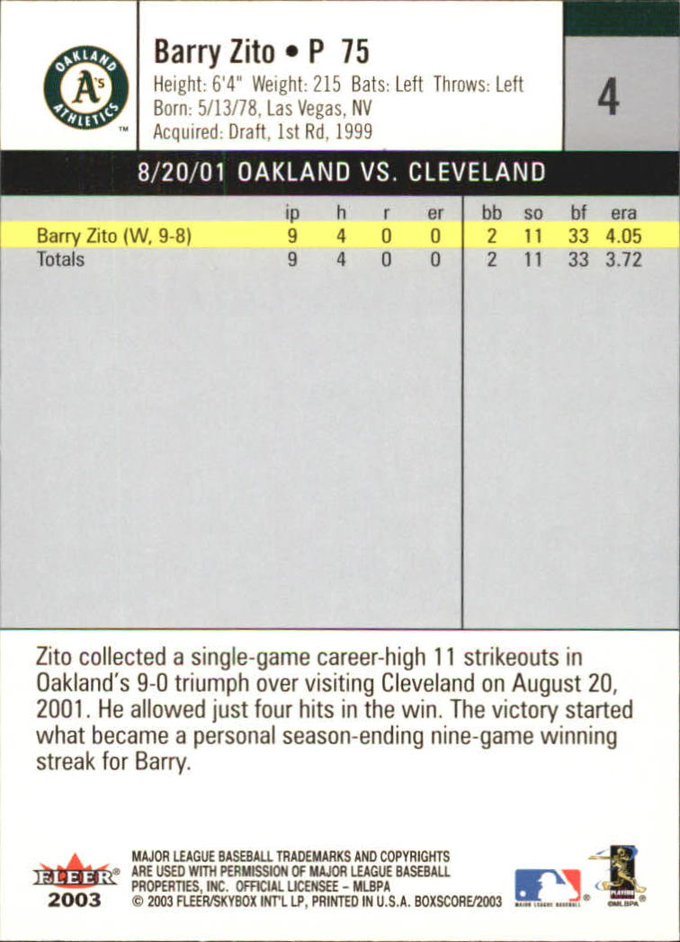 2003 Fleer Box Score #4 Barry Zito back image
