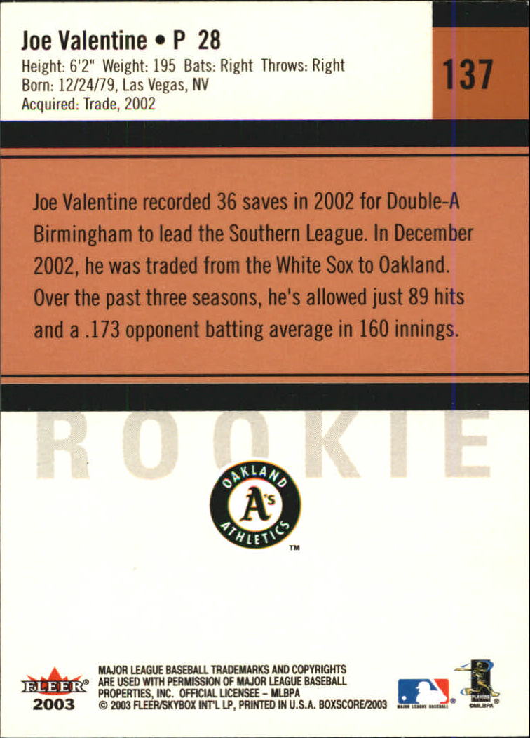2003 Fleer Box Score #137 Joe Valentine RS RC back image