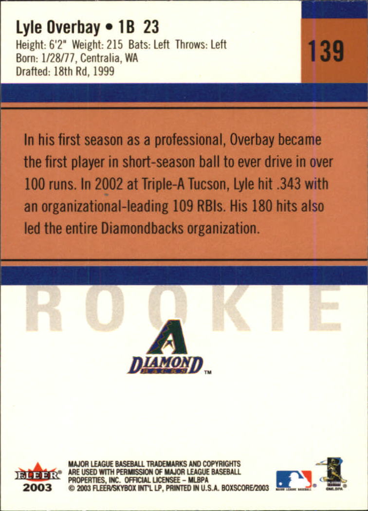 2003 Fleer Box Score #139 Lyle Overbay RS back image