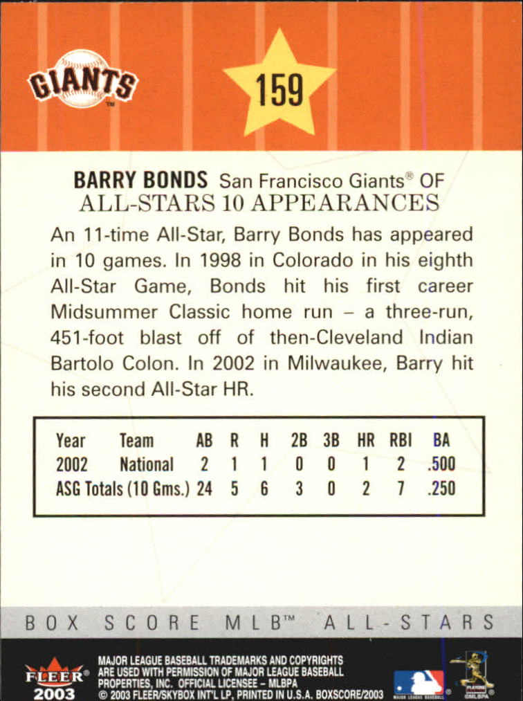 2003 Fleer Box Score #159 Barry Bonds AS back image