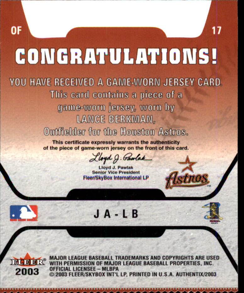 2003 Fleer Authentix Game Jersey #LB Lance Berkman back image