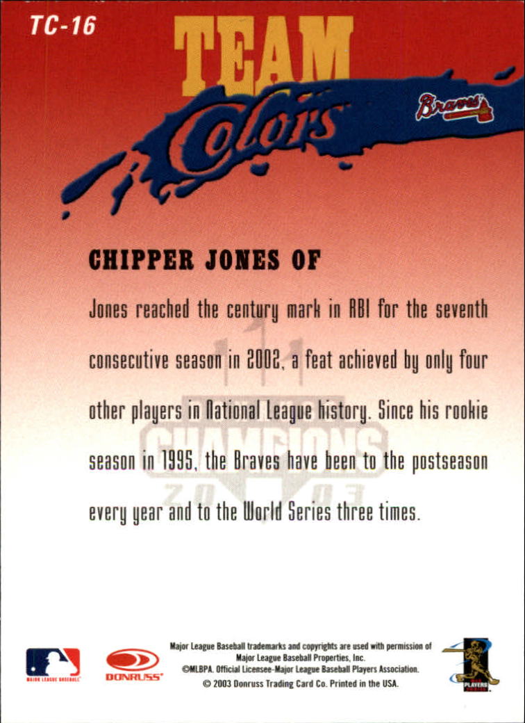 2003 Donruss Champions Team Colors #16 Chipper Jones back image