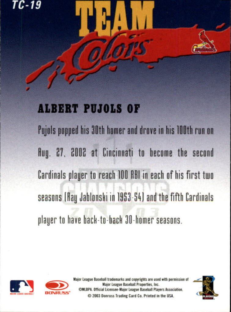 2003 Donruss Champions Team Colors #19 Albert Pujols back image