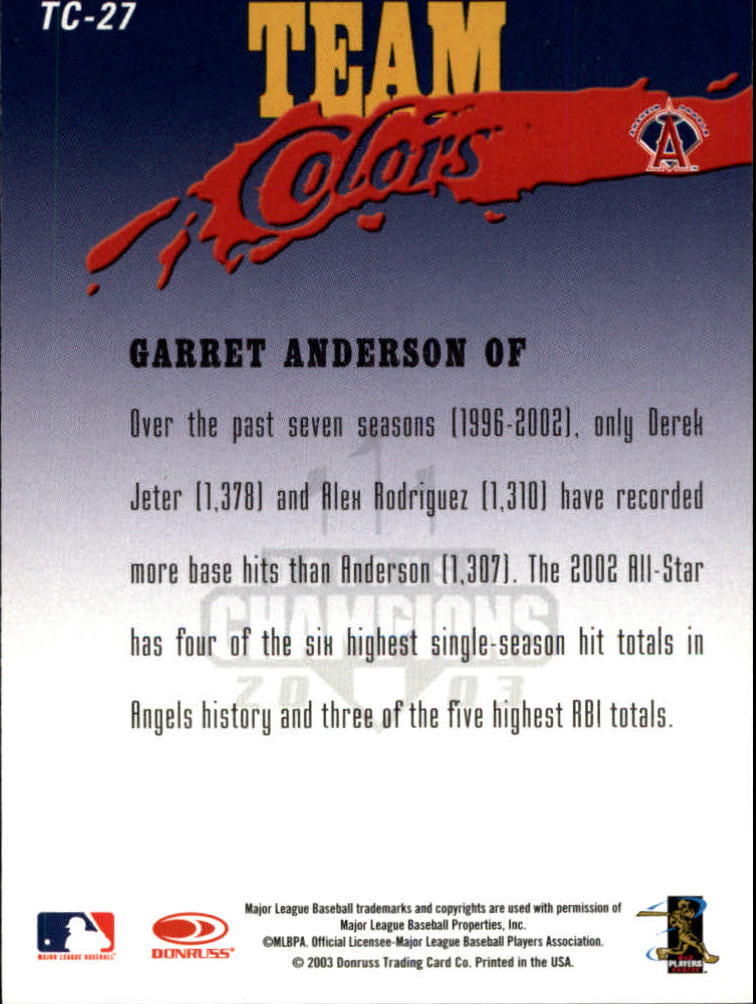 2003 Donruss Champions Team Colors #27 Garret Anderson back image