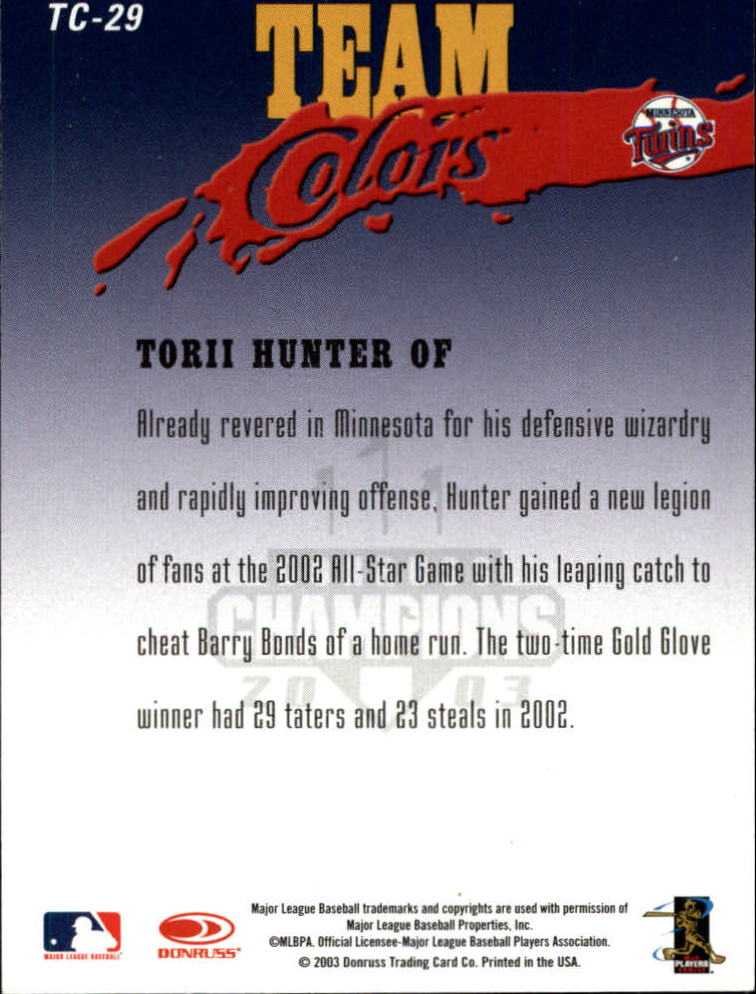 2003 Donruss Champions Team Colors #29 Torii Hunter back image